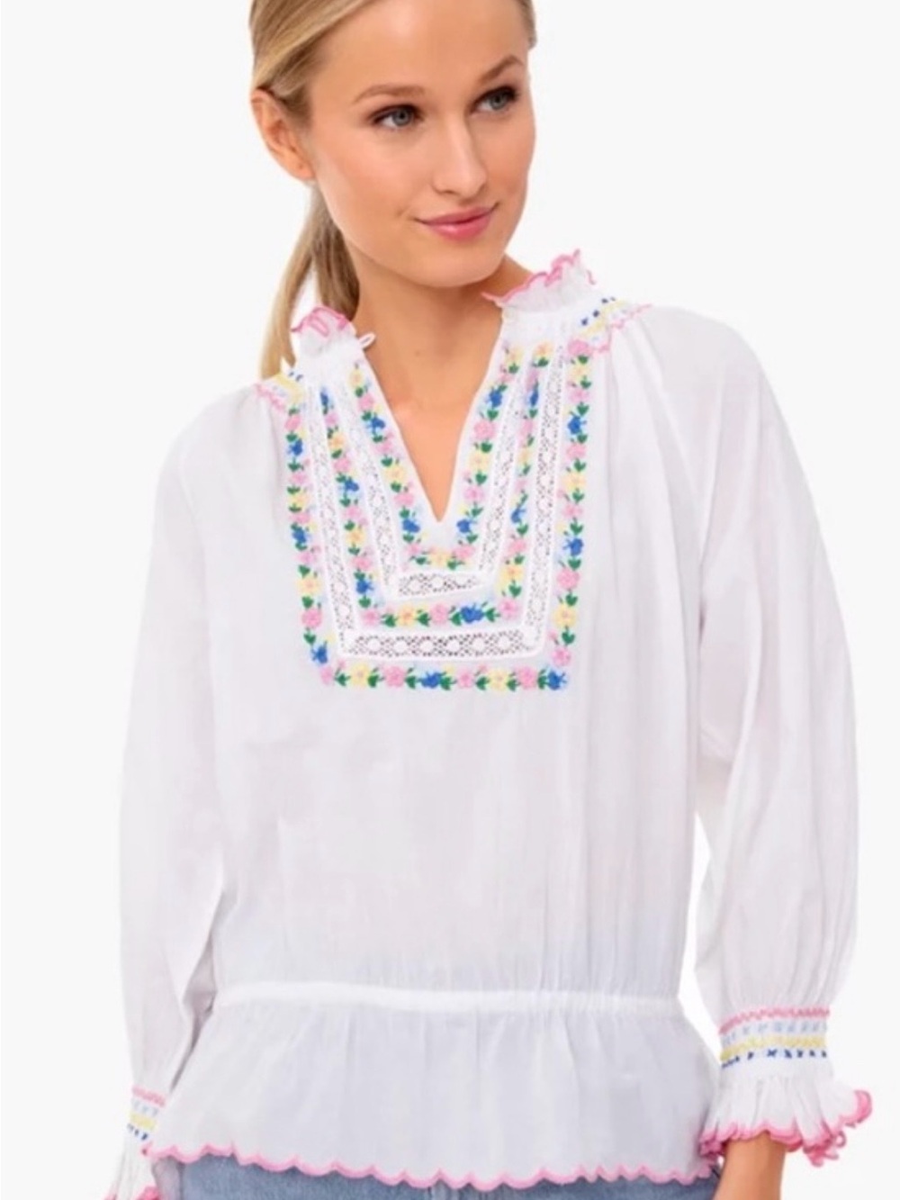 White Embroidered Peasant Blouse with Multicolor Floral Trim